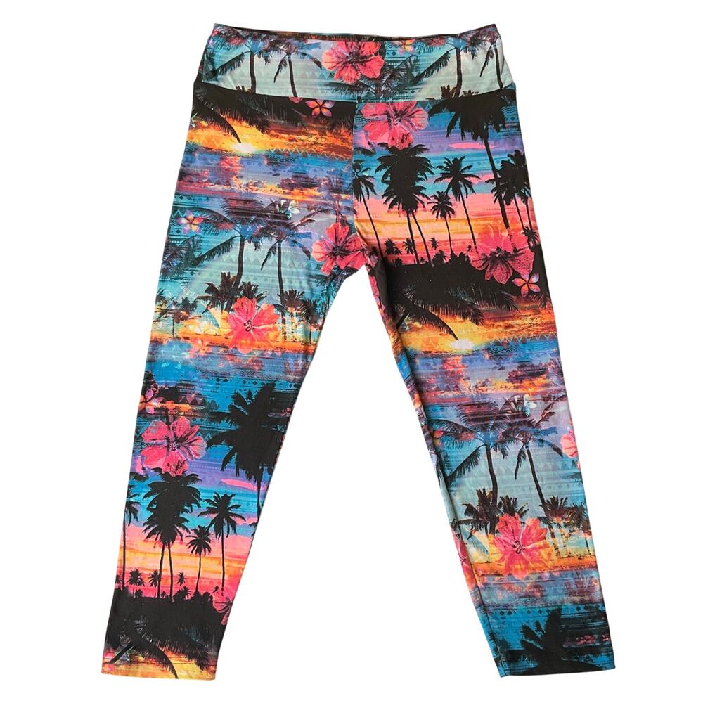 No Boundaries  Big Girl Leggings size L (11-13) Blue & Orange Hawaii Tropical